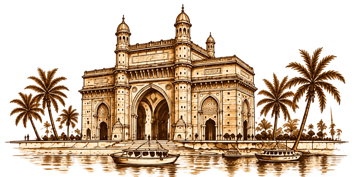 Vintage Gateway of India and palms, transparent illustration